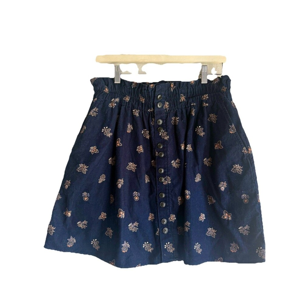 Madewell Floral Corduroy Skirt Navy Blue Size L Elastic Waist Button Up Front